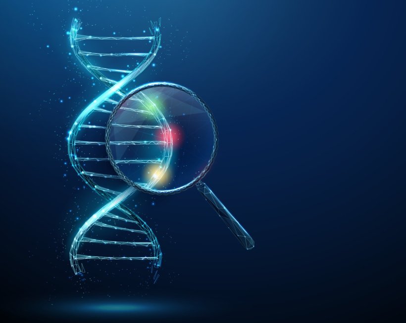 A looking glass is looking at a DNA double helix, with parts of the genetic...