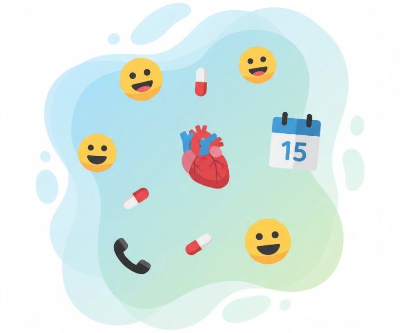 Medical emojis - smiling faces, pills, phone, calendar, and anatomical heart -...