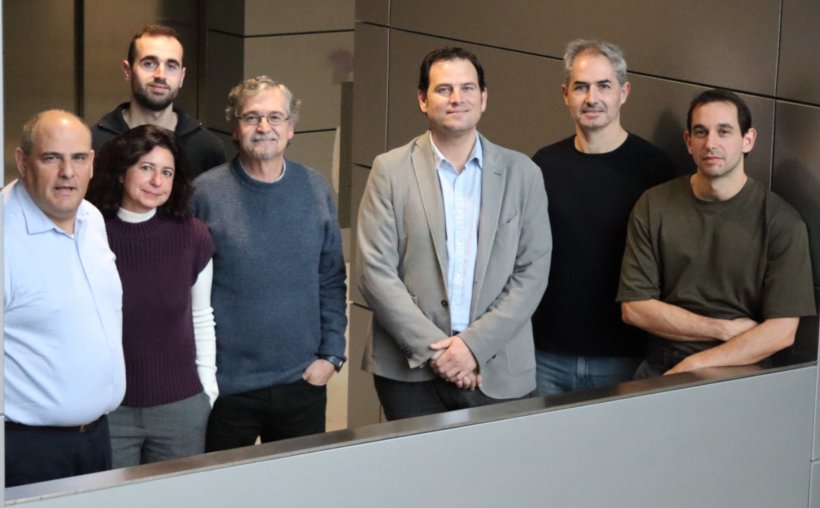 Seven people lined up at a hip-high railing for a team photo
