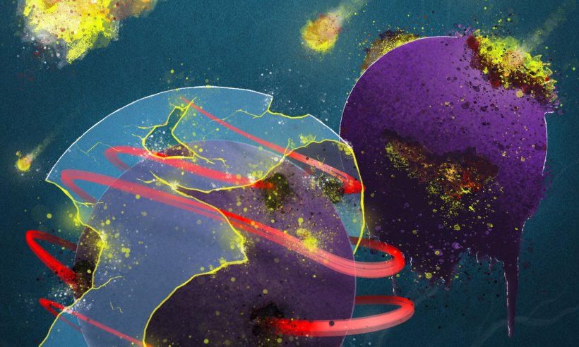 Stilisierte Abbildung mit lila Sphären, roten Schlingen und einem blauen...