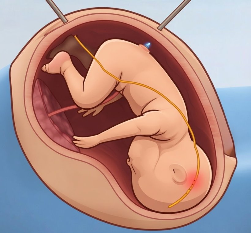 An illustration of a fetus inside of the uterus, with a yellow cable entering...