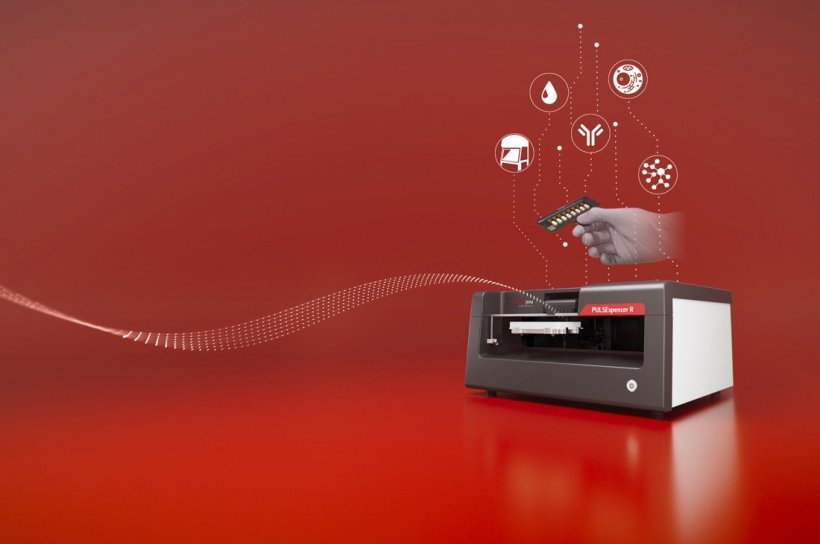 Key visual fpr a laboratory dispenser system, with white lab-related icons...