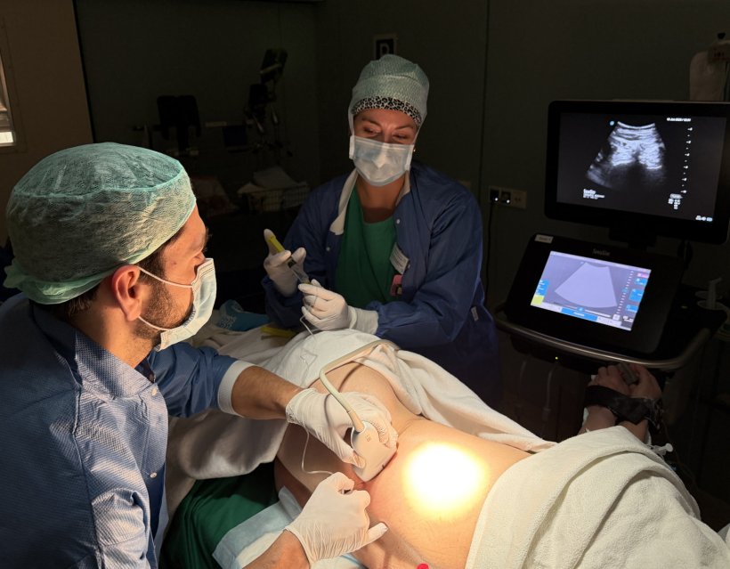 Chirurgen in einem Operationssaal führen eine Ultraschall-Untersuchung...