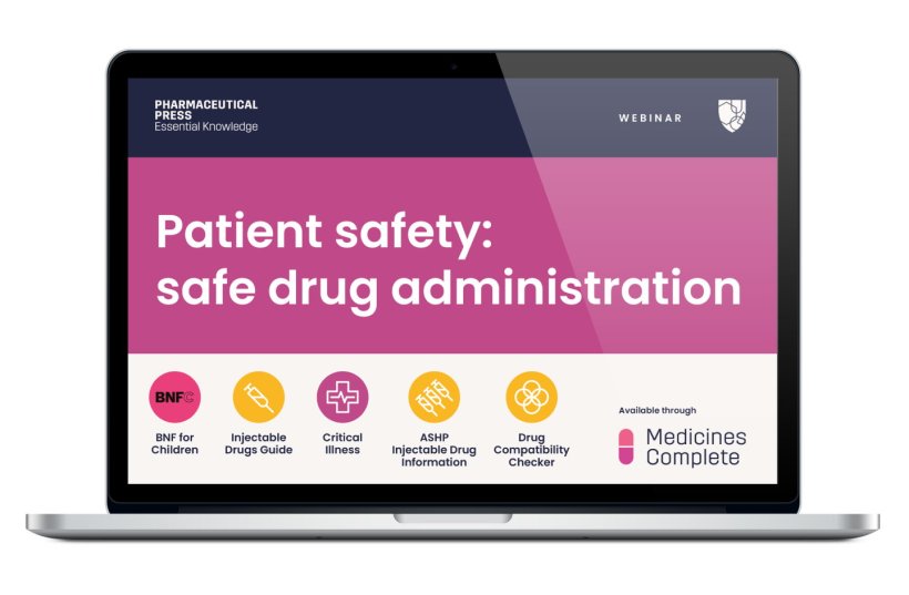 A laptop computer, displaying a webinar titled Patient safety: safe drug...