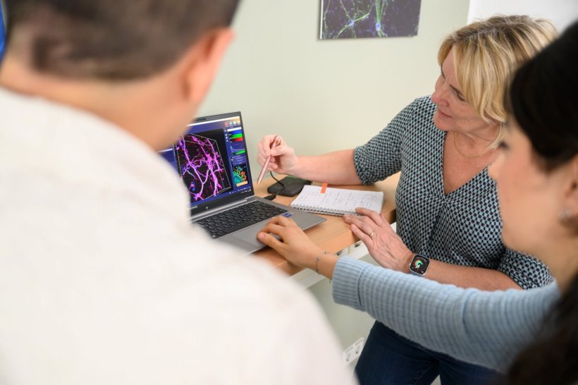 Drei Mediziner sind an einem Schreibtisch vor einem Laptop versammelt, auf dem...