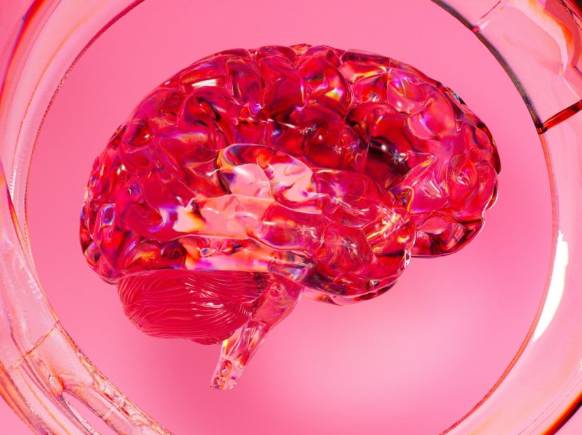 A pink glass sculpture of a human brain