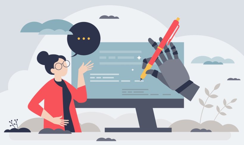 2D illustration of a woman dictating a text into an AI scribe, depicted as a...