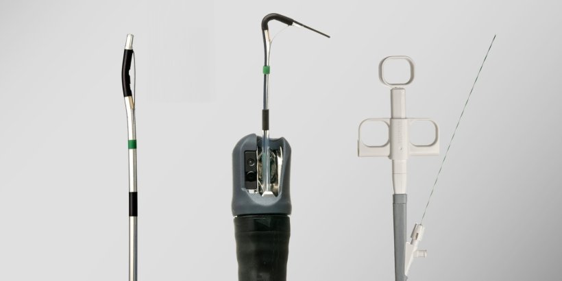 Three endoscopy products against a gradient grey background