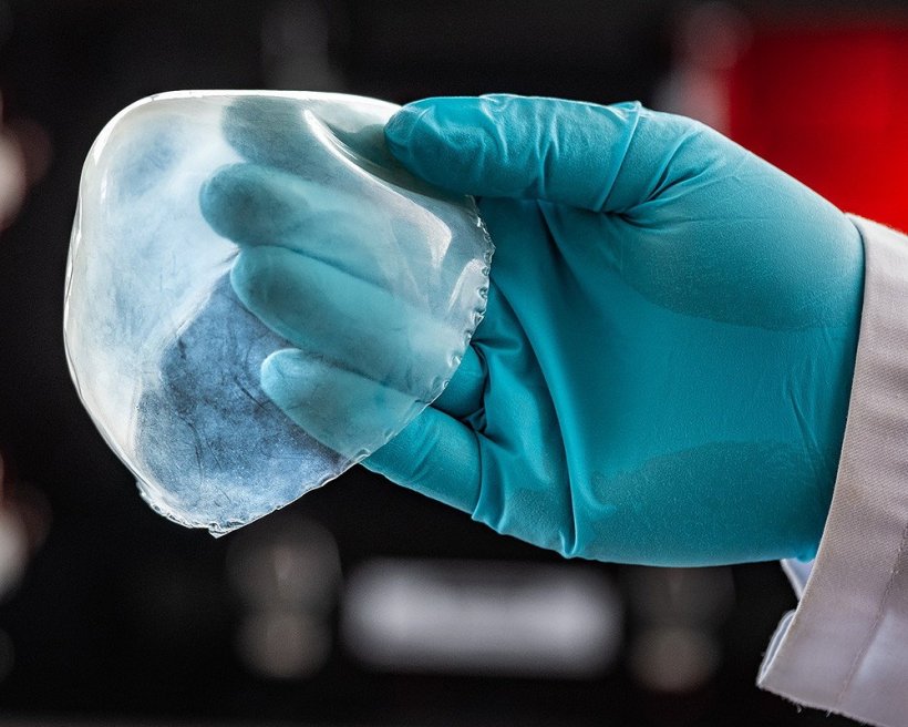 Eine Hand im blauen Schutzhandschuh hält 3D-gedrucktes Gewebe hoch, die...