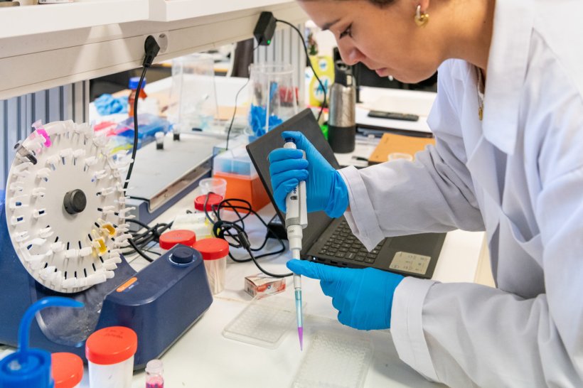 A laboratory scientist in a white lab coat and blue protective gloves is using...