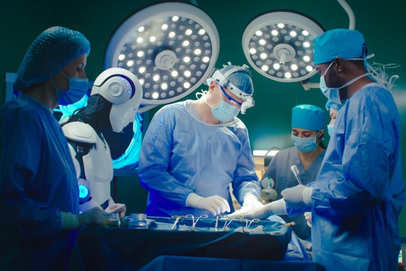 Fünf Chirurgen und ein humanoider Roboter stehen in einem Operationssaal um...