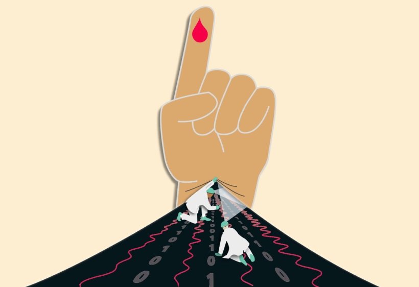 Illustration einer Hand, an deren Zeigefinger ein Blutstropfen hängt. Vom...