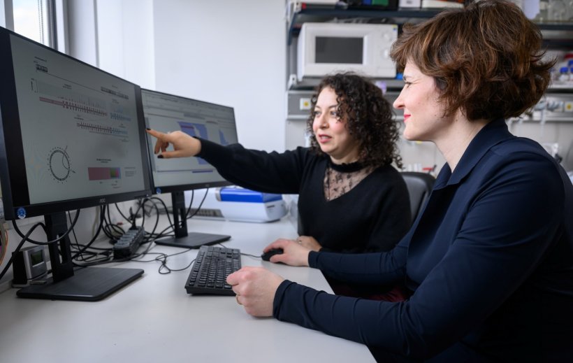 Zwei Frauen sitzen an einem Schreibtisch mit mehreren Computermonitoren. Die...