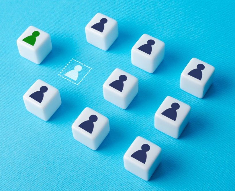 Nine white cubes with a person symbol on them arranged on a blue background....