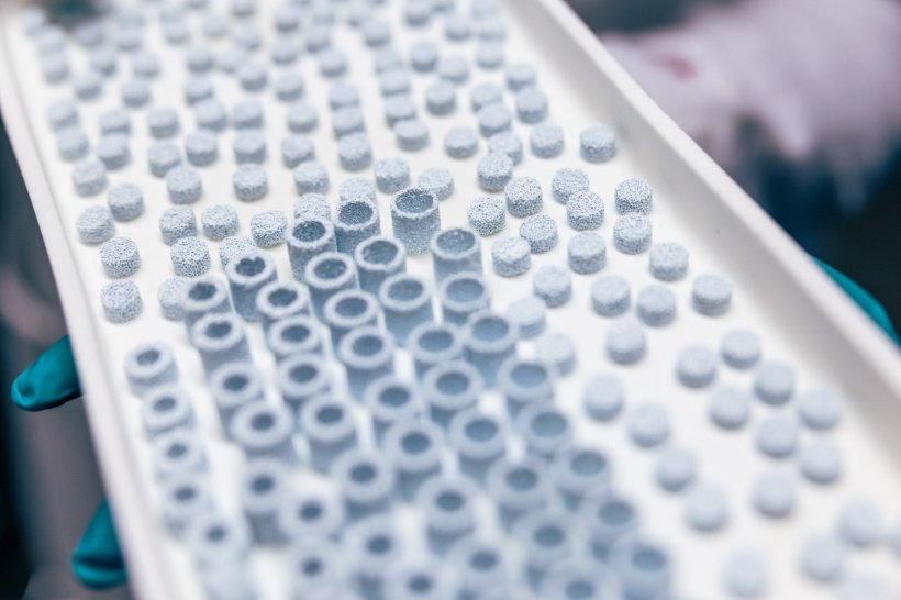 Many cylindric scaffolds are placed on a white board, held into the camera by a...