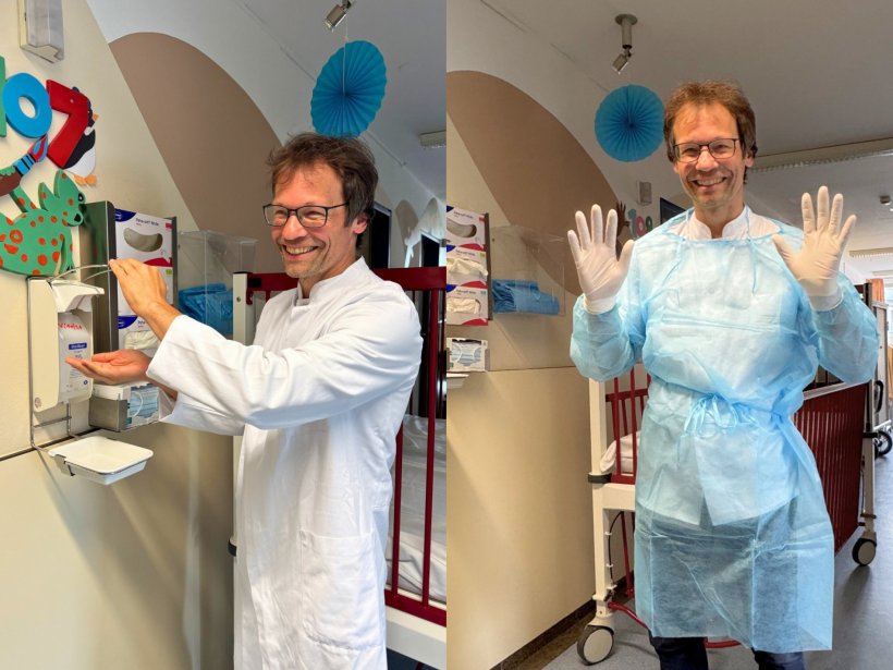 Ein zweigeteiltes Bild zeigt einen Arzt auf der Neonatalogie eines...