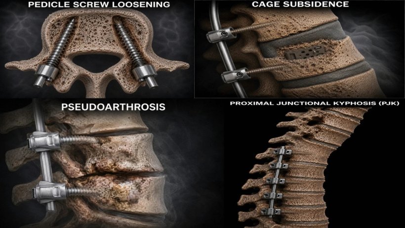 Examples of spinal fusion failures: Pedicle screw loosening, cage subsidence,...