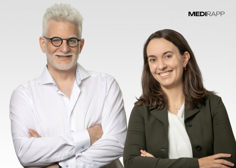 Dual portrait of Dr. Schlomo Aschkenasy and Dr. Paola Daniore, both standing...
