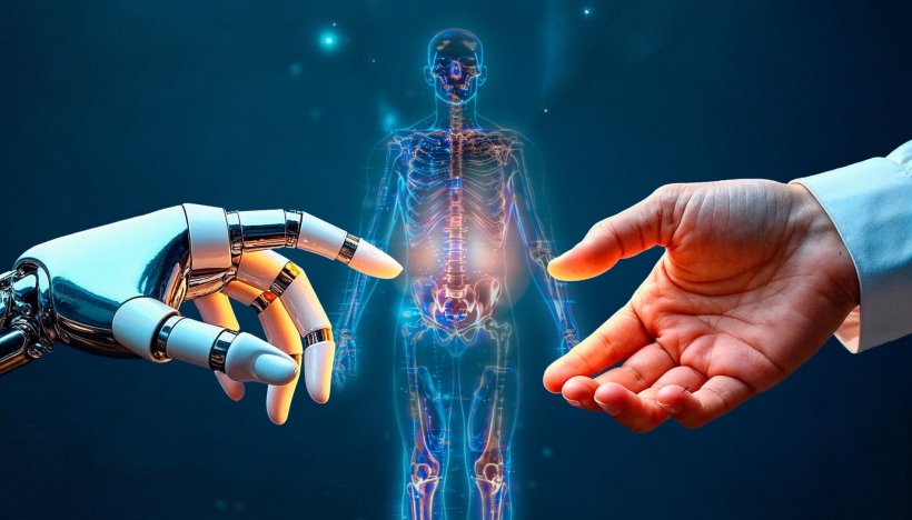 KI-generiertes Bild einer menschlichen Hand rechts und einer robotischen Hand...