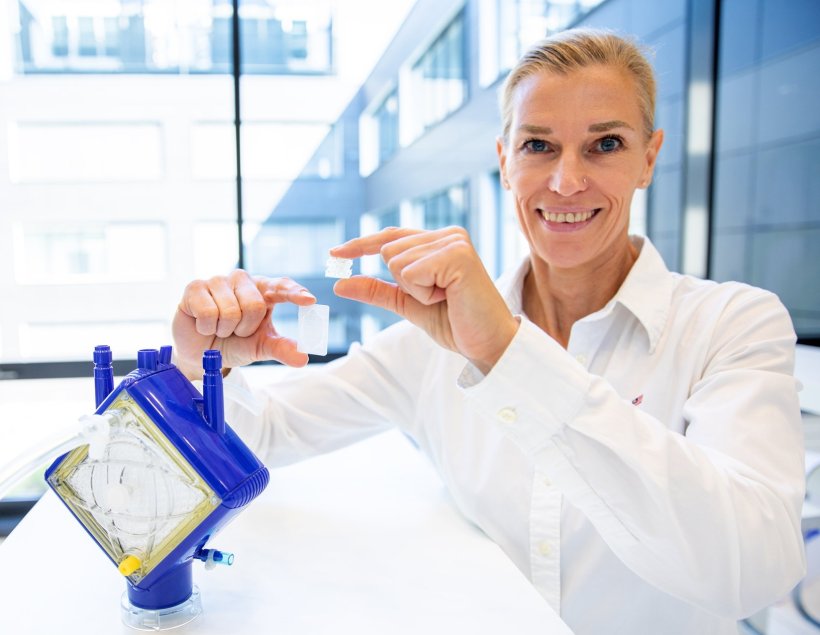 Prof. Dr. Bettina Wiegmann sitzt an einem weißen Tisch und hält in jeder Hand...