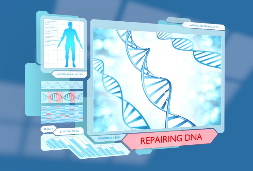 Bildschirm mit DNA-Strängen und der Beschriftung Repairing DNA
