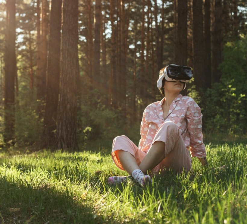 A young woman wearing a VR headset and pink pajamas is sitting in the grass in...