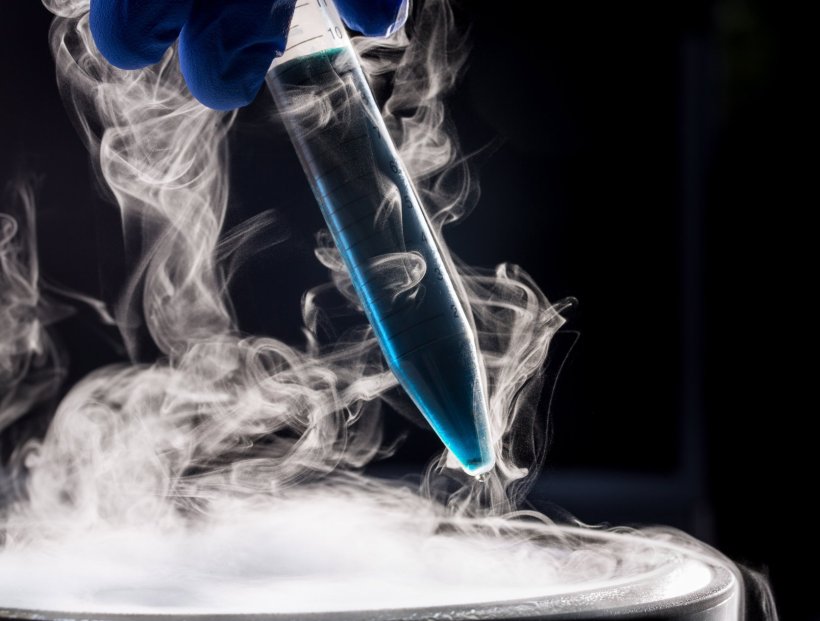 Closeup photo of a glass tube emerging from a liquid nitrogen container, with...