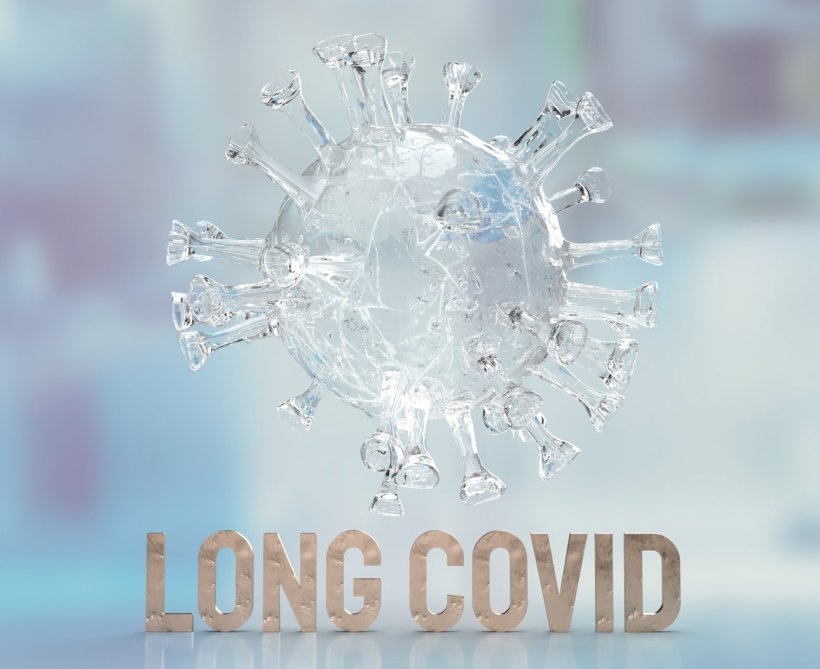 A clear coronavirus particle with the text Long Covid underneath