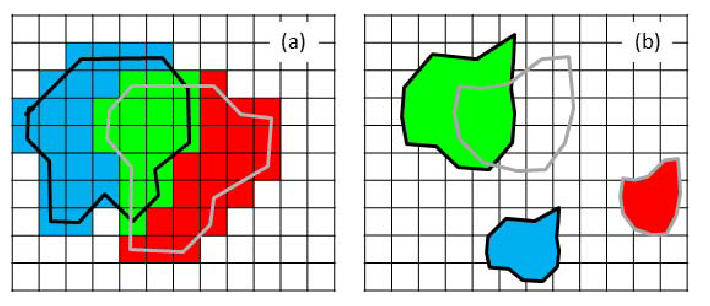 Lightning (black) and Cb-TRAM (grey) objects. (a) Pixel-based analysis: the...