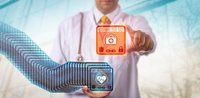 physician accessing healthcare blockchain. Health care data management concept