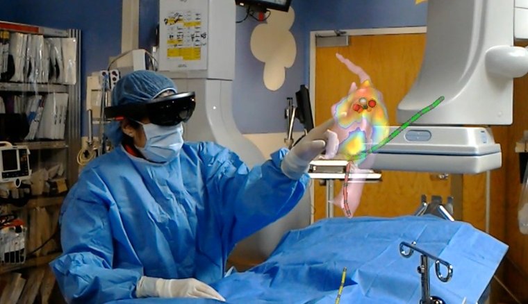 Jennifer Silva, MD, uses the holographic display during a cardiac ablation...