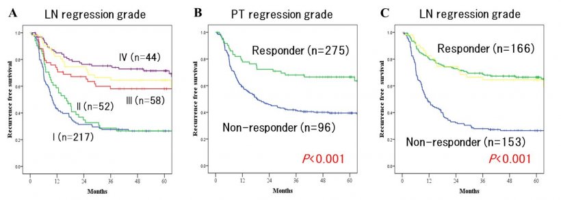 Fig. 2: Kaplan-Meier recurrence-free survival (RFS) according to (A) LN...