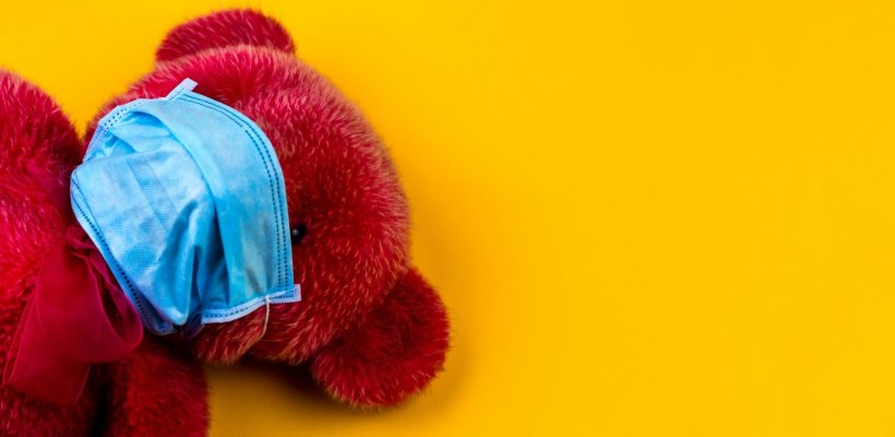 red teddy bear wearing a blue face mask