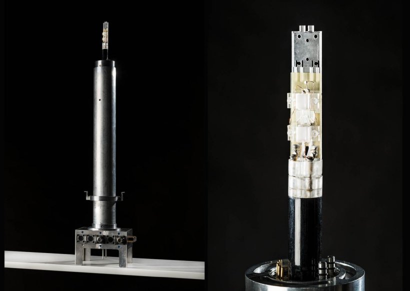 NMR-Probenkopf (links) mit miniaturisiertem Detektor (rechts). In HiSCORE...