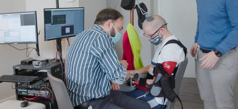 Mijail Serruya, MD, PhD, working with Cortimo patient to use brain implants to...