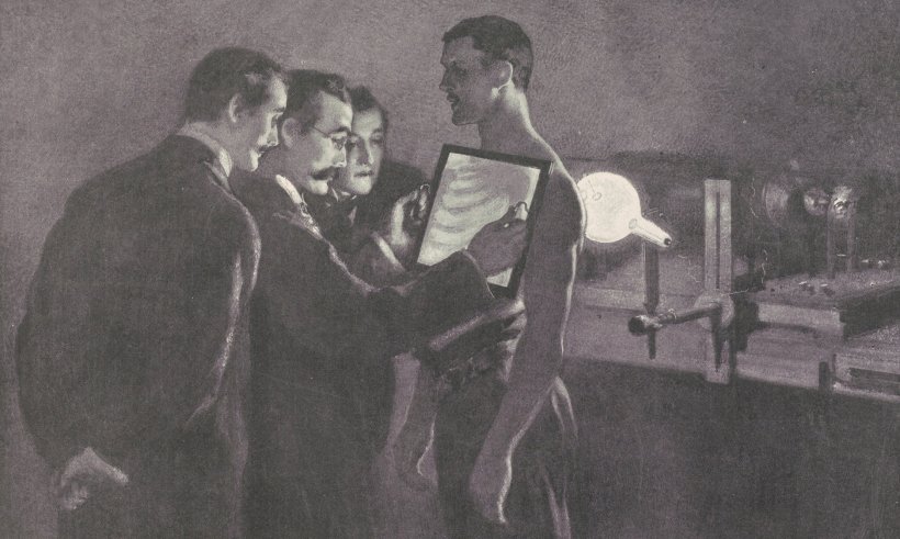 X-ray imaging illustration from 1900: While the dangers of ionising radiation...