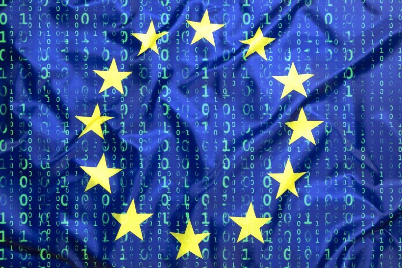 european union flag with binary code overlay