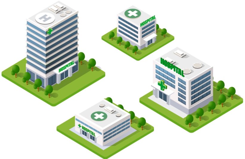 isometric illustration of four hospital buildings