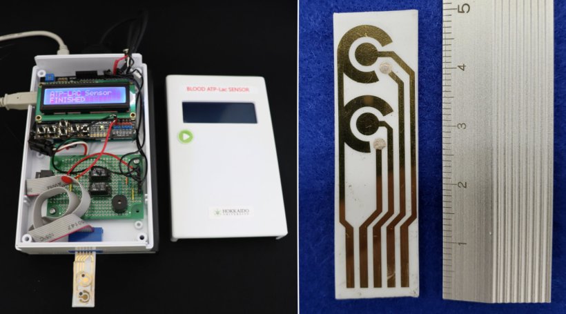 The prototype of the ATP and Lactate sensor developed in the study (left); and...