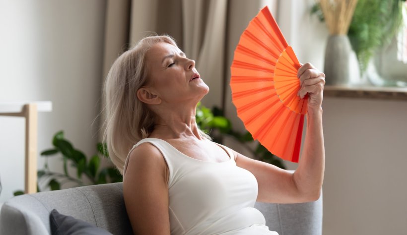 woman waving hand-held fan against heat