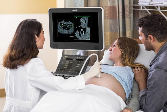 Clinician using ultrasound in pregnancy assessment