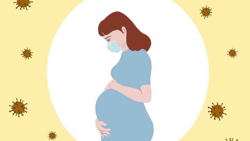 illustration of pregnant woman wearing mask surrounded by coronavirus