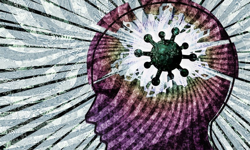 virus in head as symbol for pandemic related mental stress