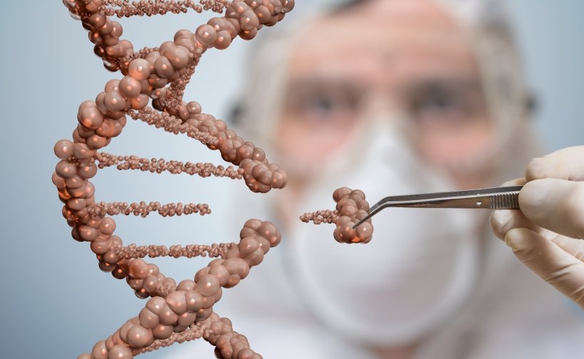 Scientist is replacing part of a DNA molecule. Genetic engineering and gene...