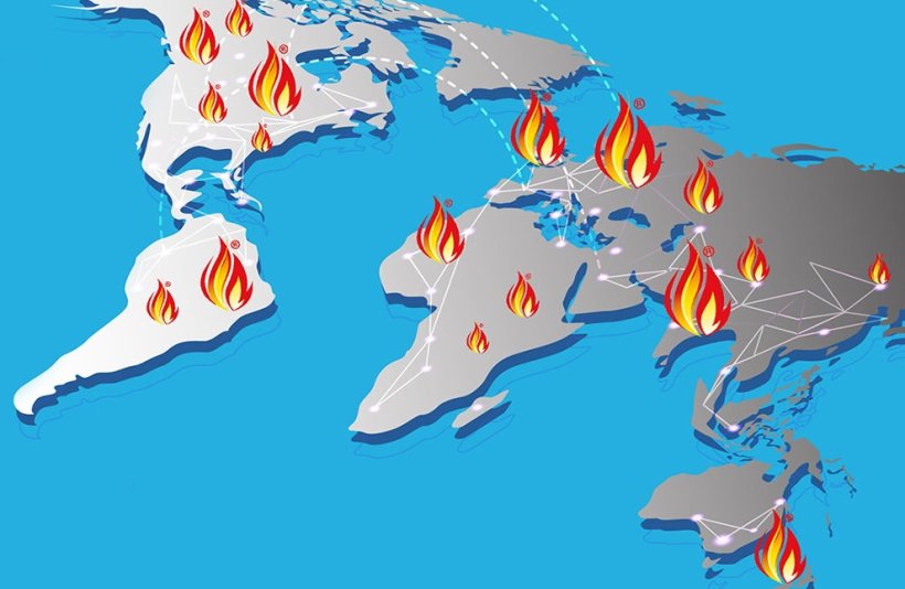 fhir symbols across a global map to illustrate worldwide distribution