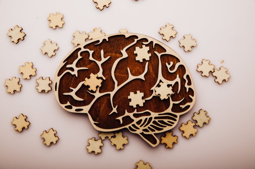 wooden model of human brain with jigsaw puzzle pieces, symbolising dementia