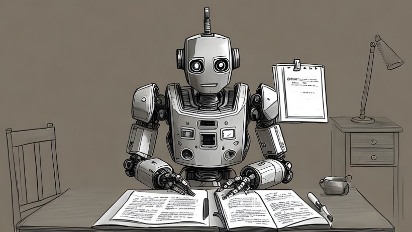 robot sitting at desk studying a book