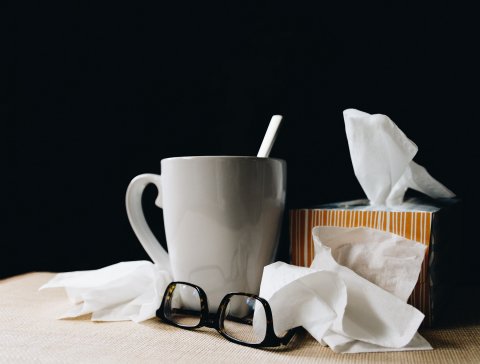 accessories for persons having the flu or cold: cup of hot tea, kleenex box