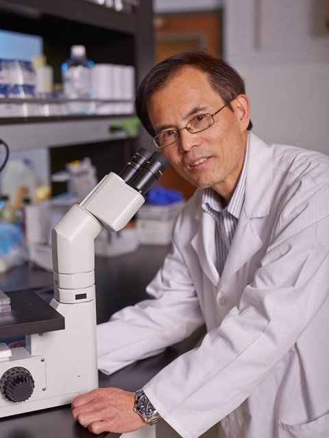 chunfa huang standing at a microscope