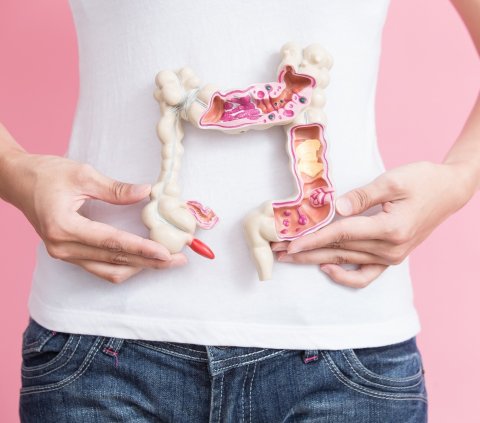 woman holding figurine of intestine in front of her